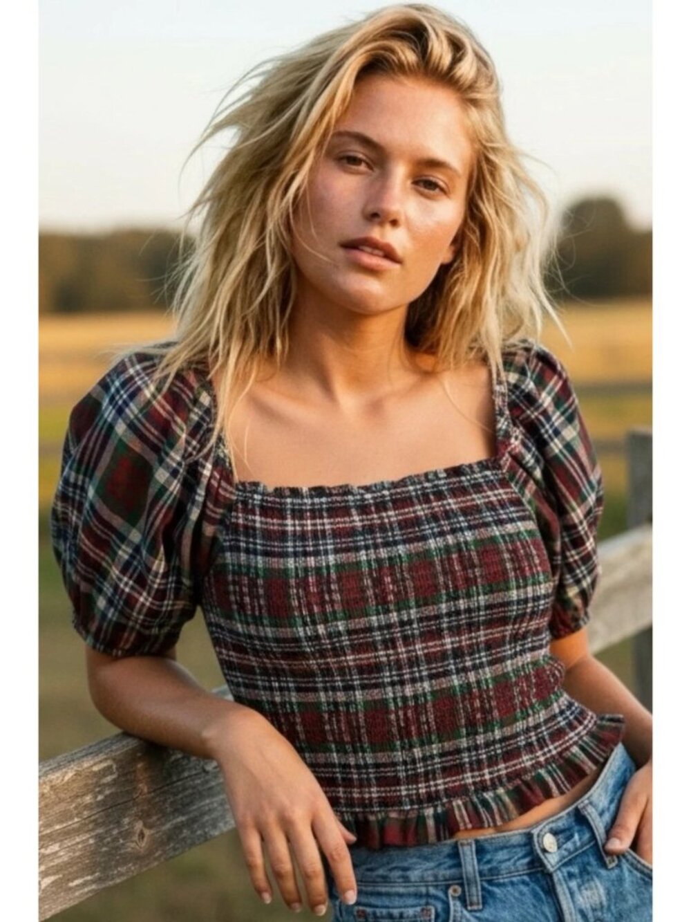 American Eagle AE Plaid Puff Sleeve Smocked Bodice Crop Top Shirt Blouse Size M